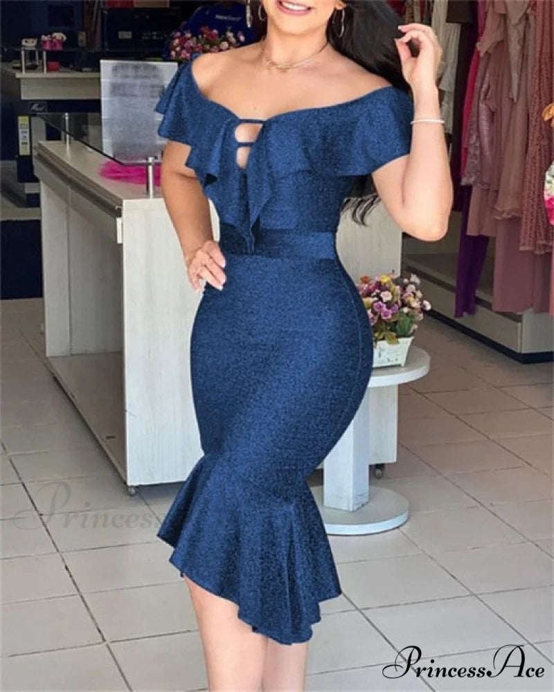 Clothing Elegant Asymmetrical Mermaid Dress Navy blue / L