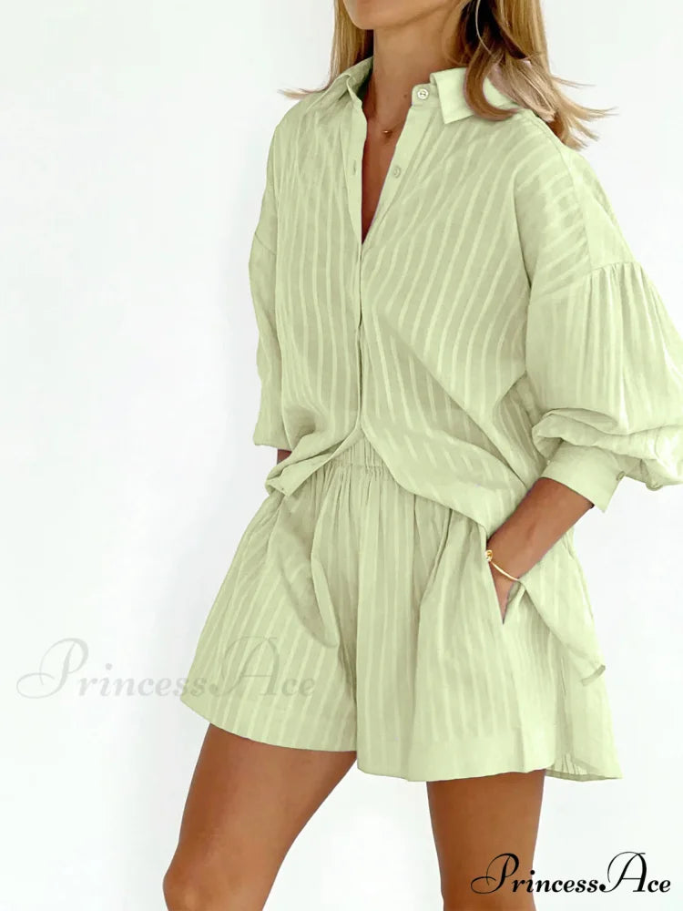 Cloud Nine Pinstripe See Modern Through Two Piece Shorts Set Green / XS