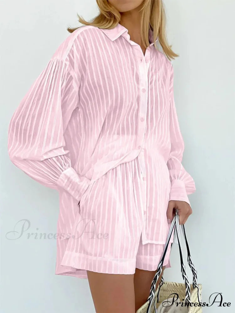 Cloud Nine Pinstripe See Modern Through Two Piece Shorts Set Pink / XS