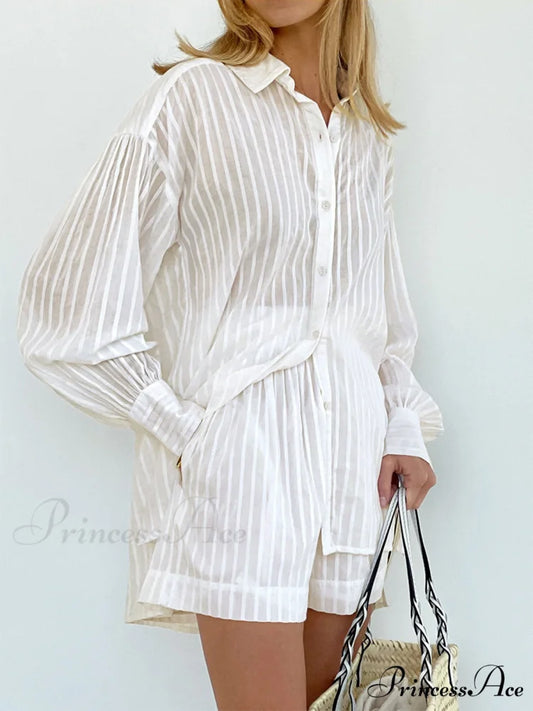 Cloud Nine Pinstripe See Modern Through Two Piece Shorts Set White / XS