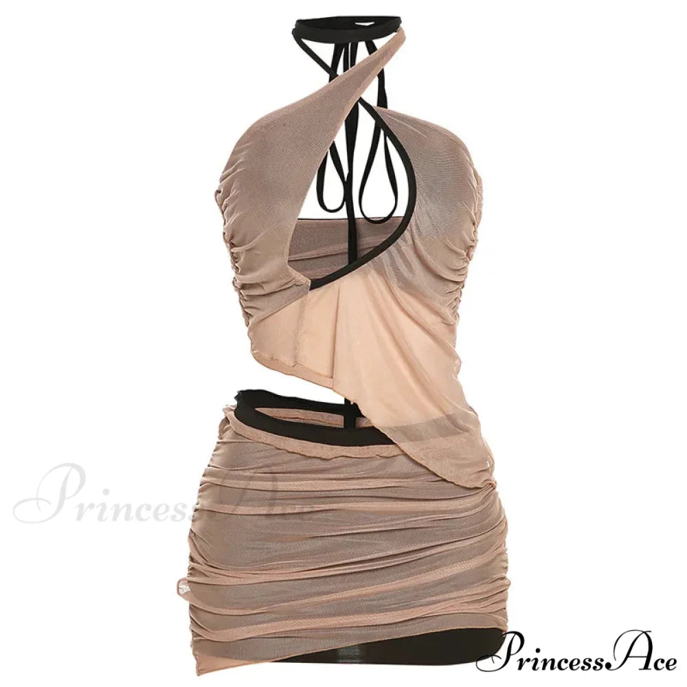 Club A-line High Waist Buttock Mini Dress Khaki / S