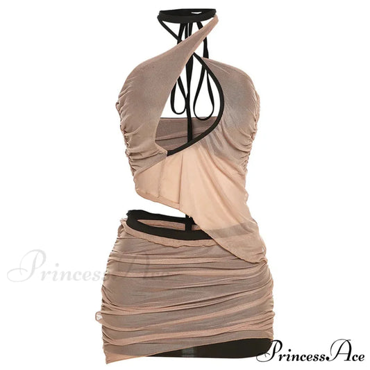 Club A-line High Waist Buttock Mini Dress Khaki / S