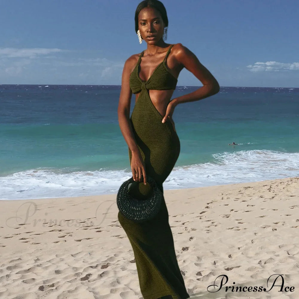 Club Bodycon Clothes Hollow Out Corset Mini Long Y2K Elegant Beach Top Cut Out Dress Green / S