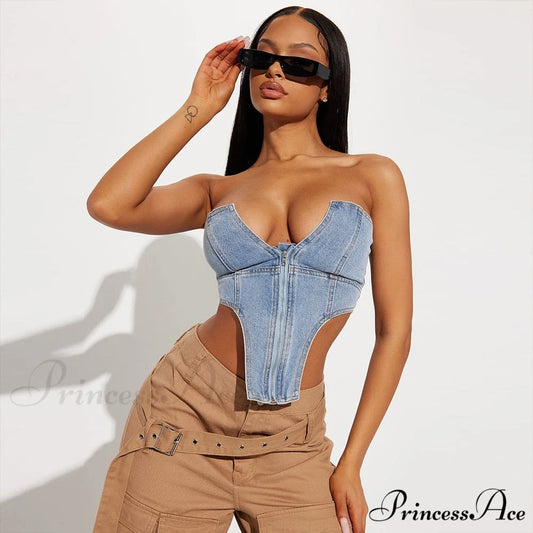 Clubwear Irregular Blue Crop Jeans Tops Warm-Season Denim Party Top Corset Streetwear Zipper Tube Strapless Clothes Sky