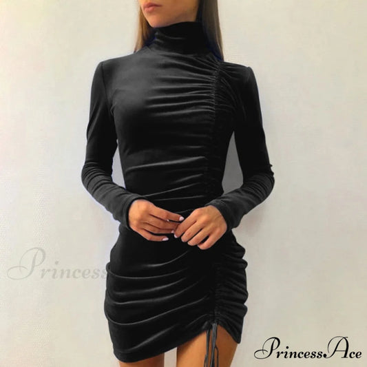 Clubwear Turtleneck Velvet Dresses Black1 / M