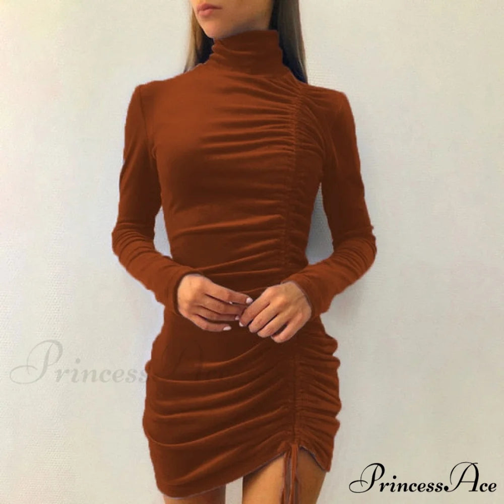 Clubwear Turtleneck Velvet Dresses Brown / M