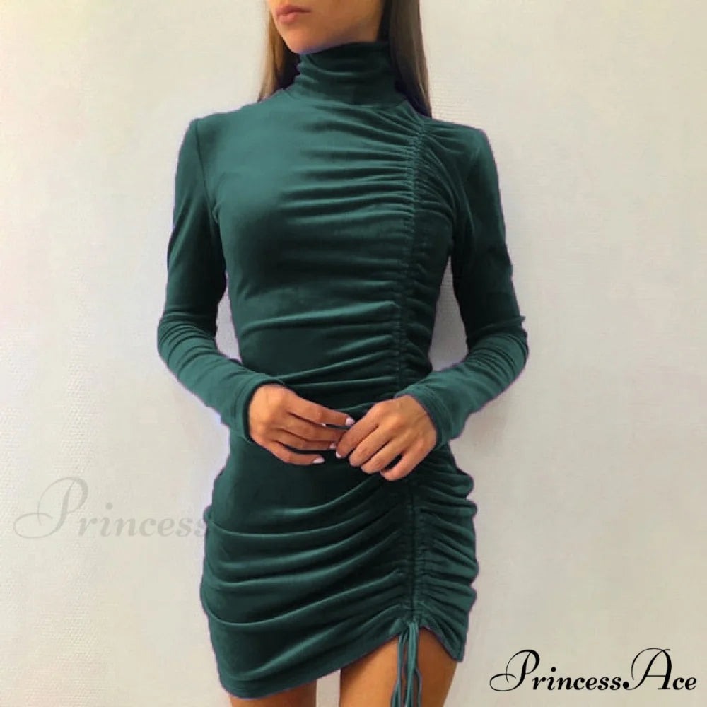 Clubwear Turtleneck Velvet Dresses Dark Green / M