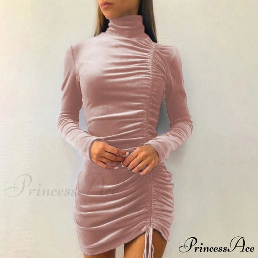 Clubwear Turtleneck Velvet Dresses Pink / M