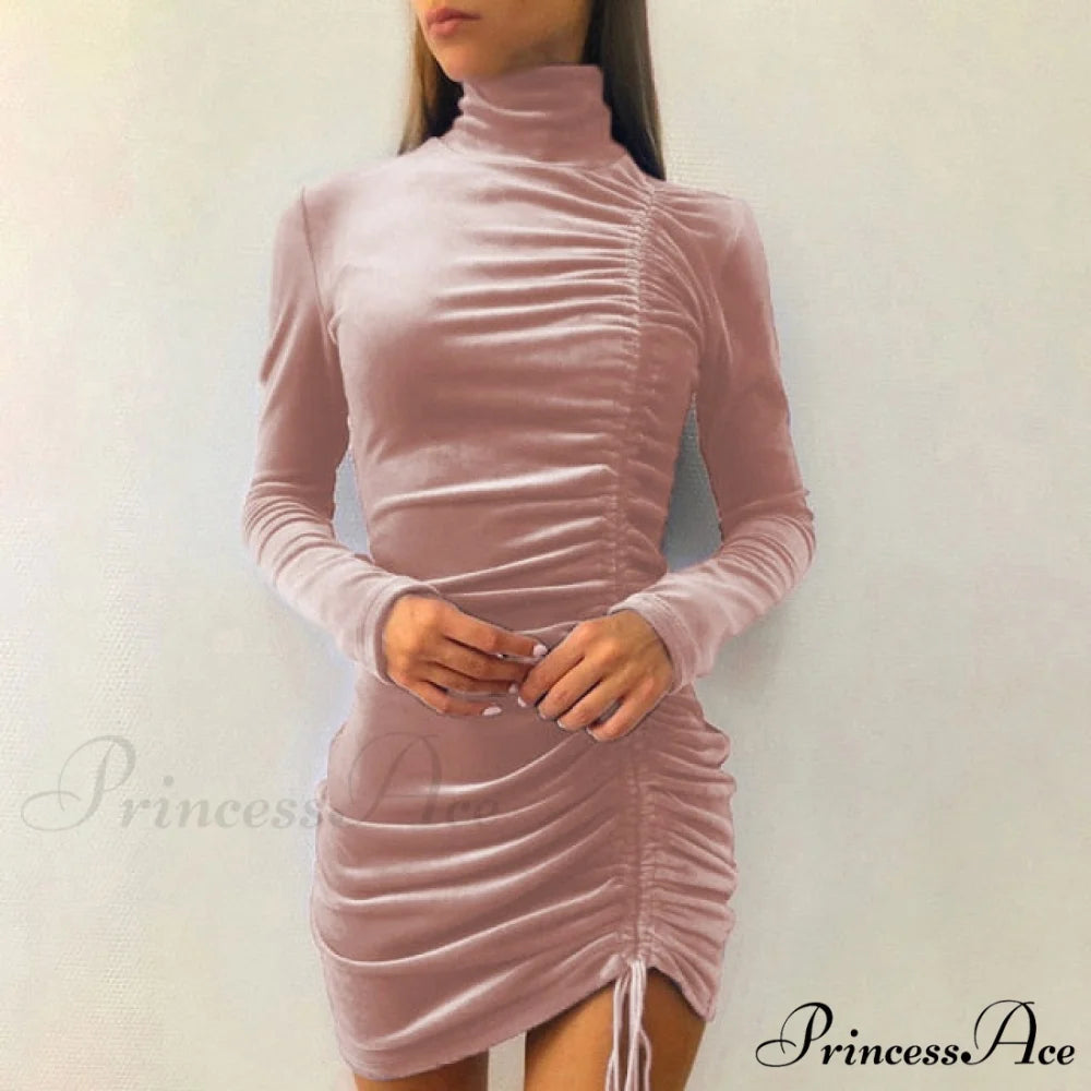 Clubwear Turtleneck Velvet Dresses Pink / M