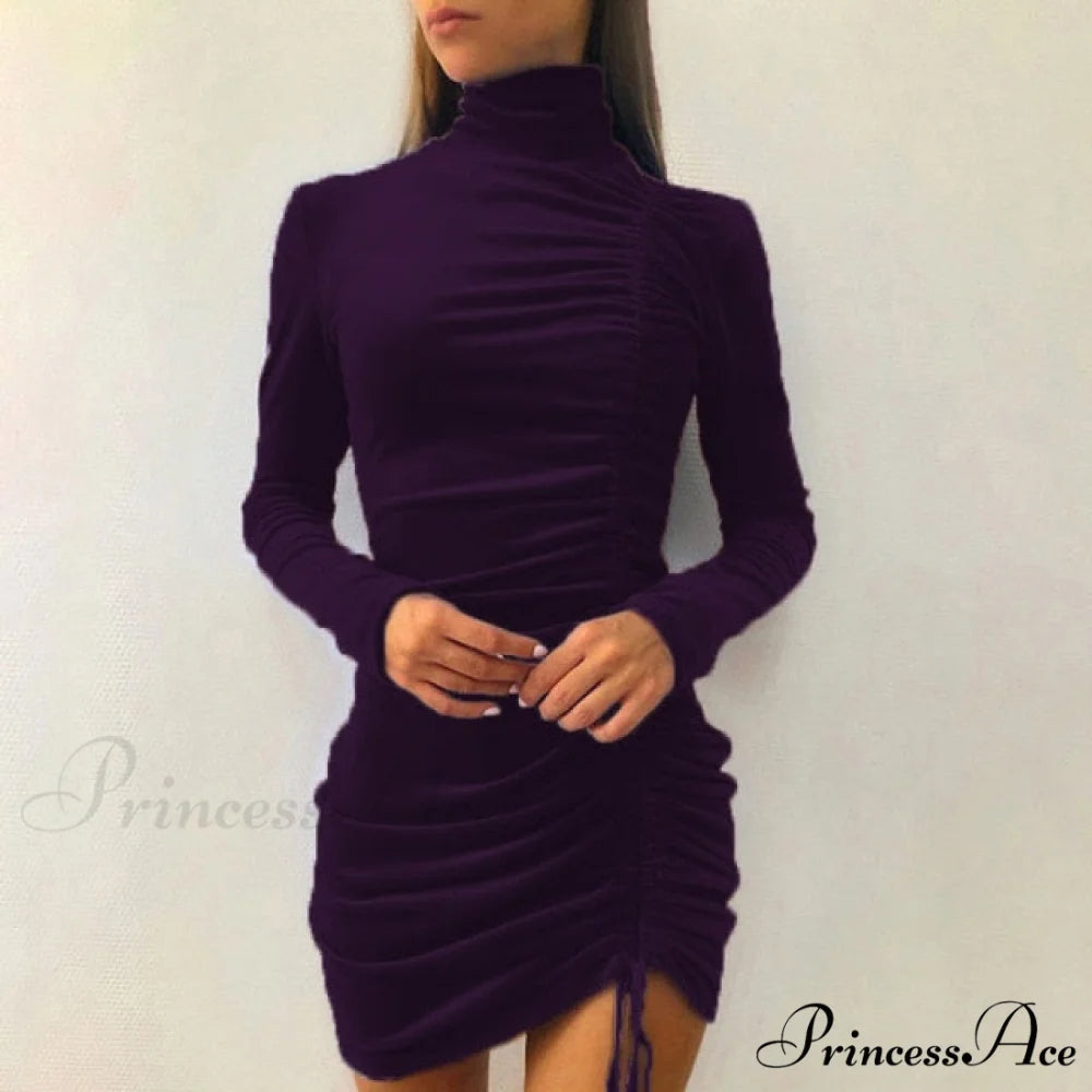 Clubwear Turtleneck Velvet Dresses Purple / M