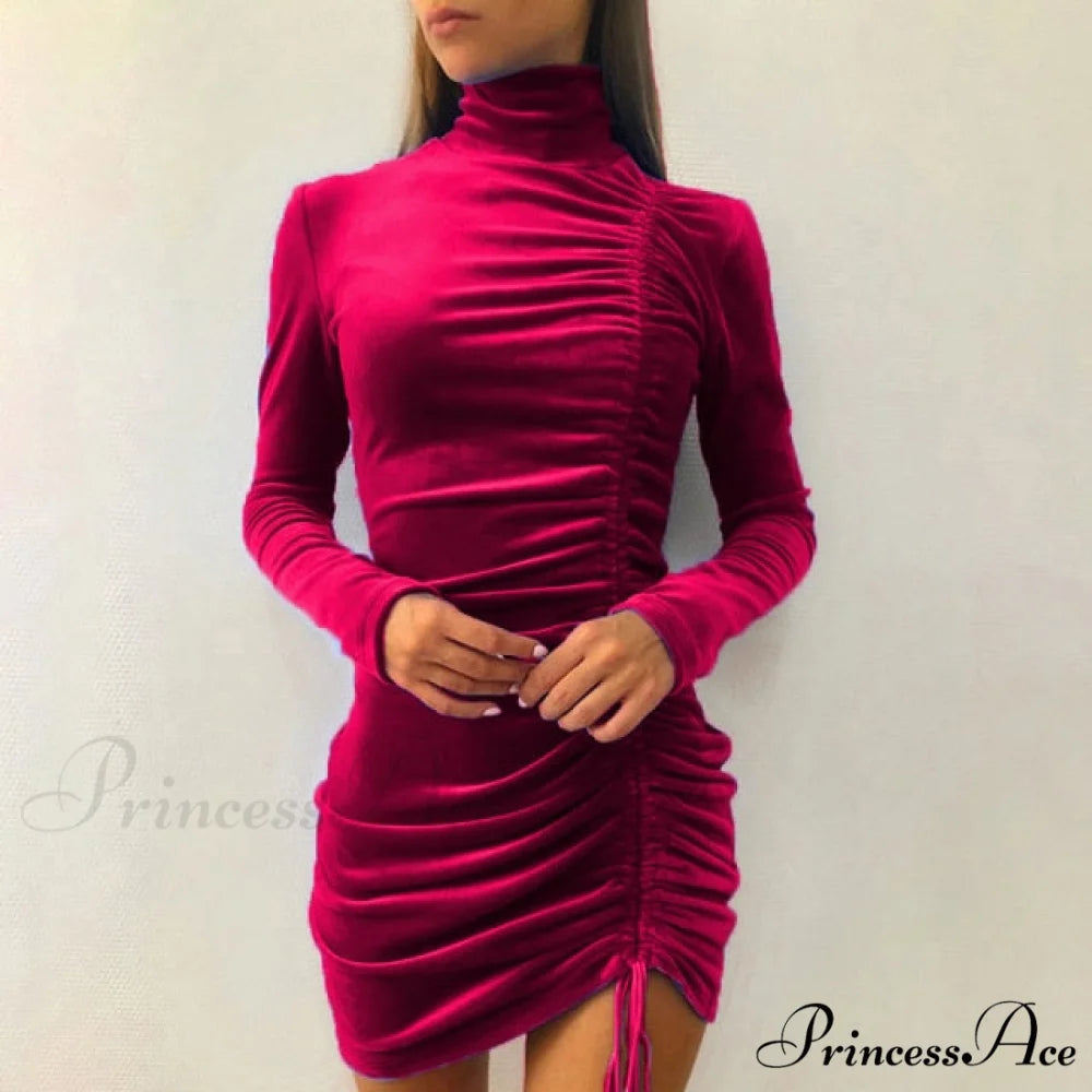 Clubwear Turtleneck Velvet Dresses Wine Red / M