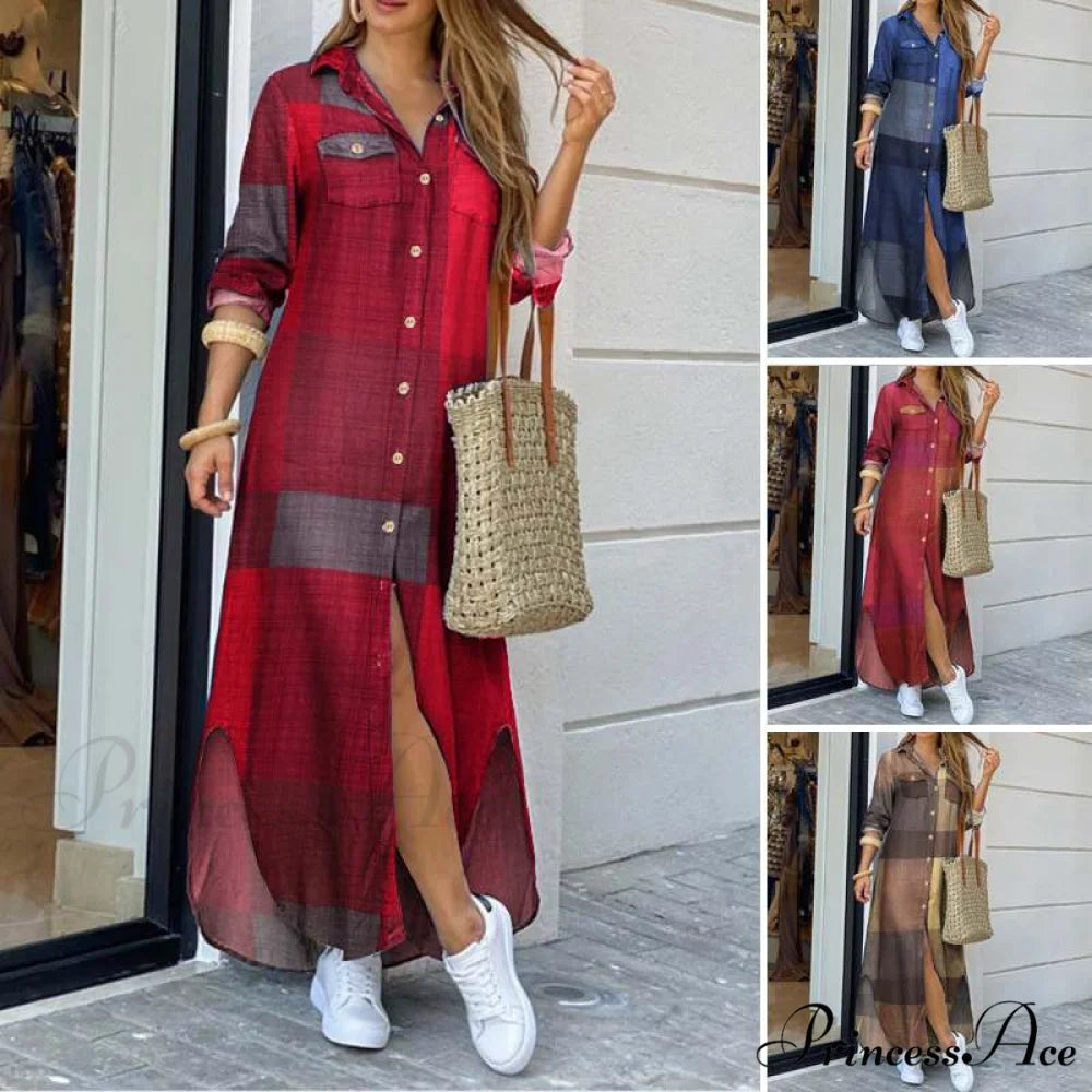 Coastal and Plaid Long Checked Gown with Button Sleeves Full-Length Detail