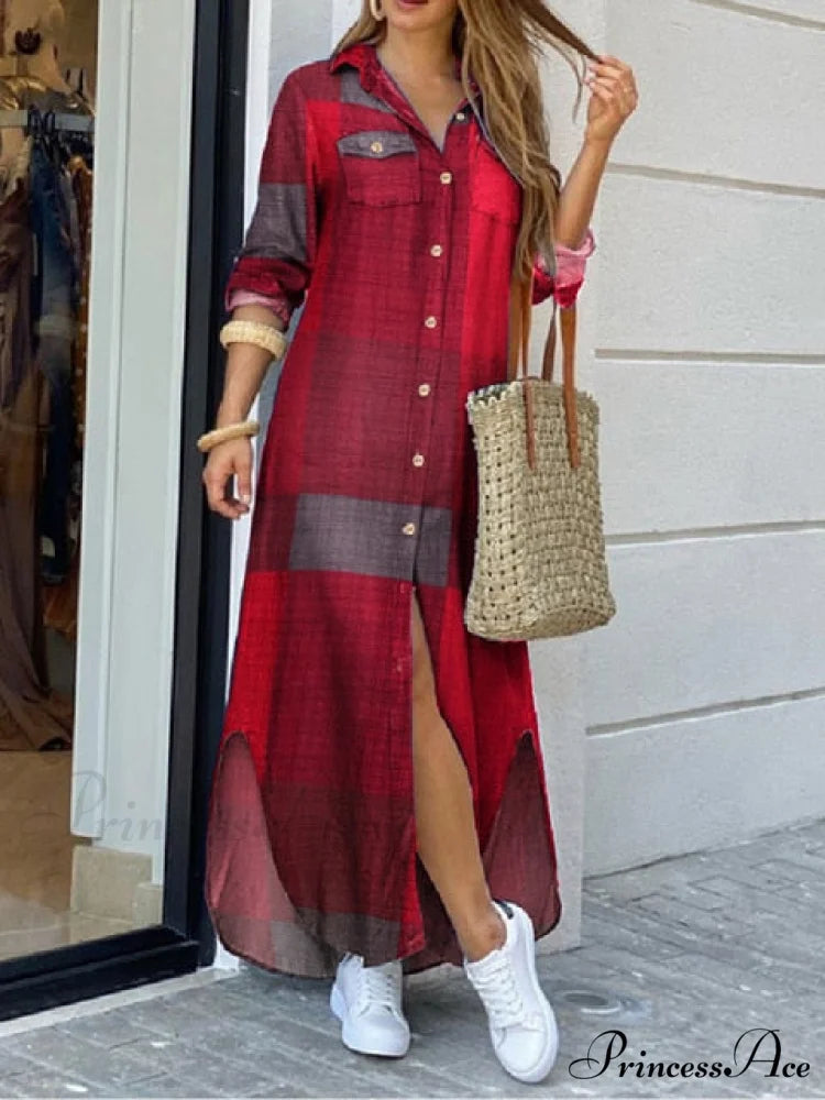 Coastal and Plaid Long Checked Gown with Button Sleeves Full-Length Detail A Orange Red / XL