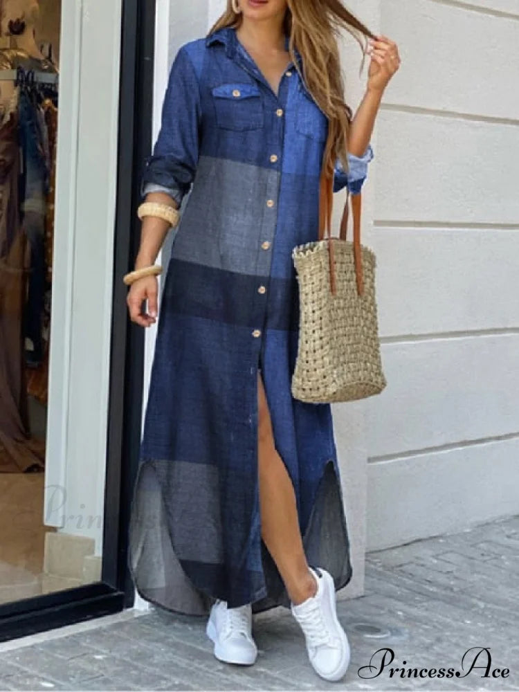 Coastal and Plaid Long Checked Gown with Button Sleeves Full-Length Detail A Rayon Cotton 2 / XL