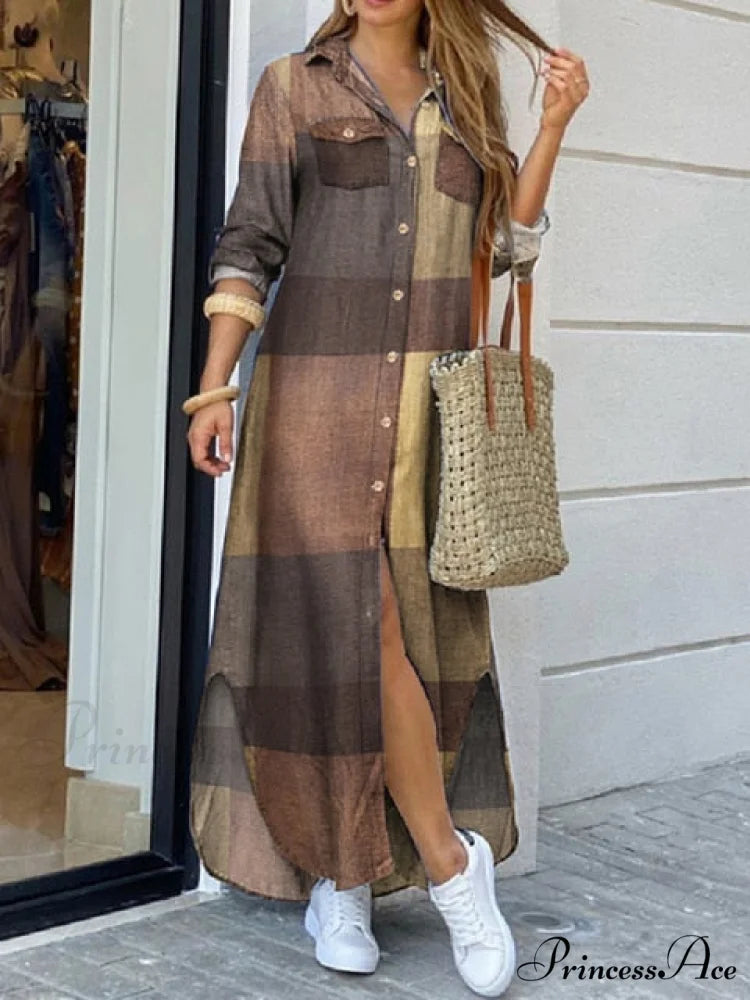 Coastal and Plaid Long Checked Gown with Button Sleeves Full-Length Detail A Rayon Cotton / XL