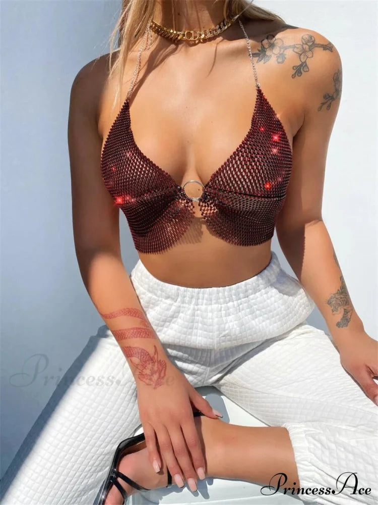 Coastal Club Piece Top Halter Warm-Season Set Festival Two Rhinestones Outfits Crop Tank Top Party Tops 1190 Red Top / M