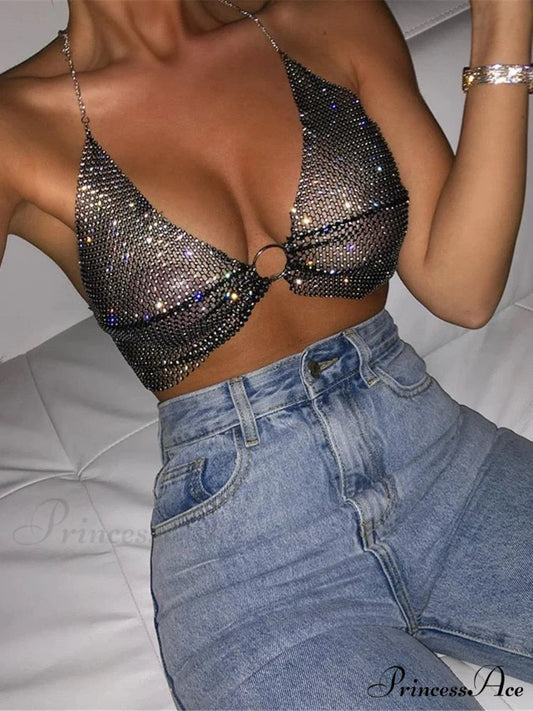 Coastal Club Piece Top Halter Warm-Season Set Festival Two Rhinestones Outfits Crop Tank Top Party Tops