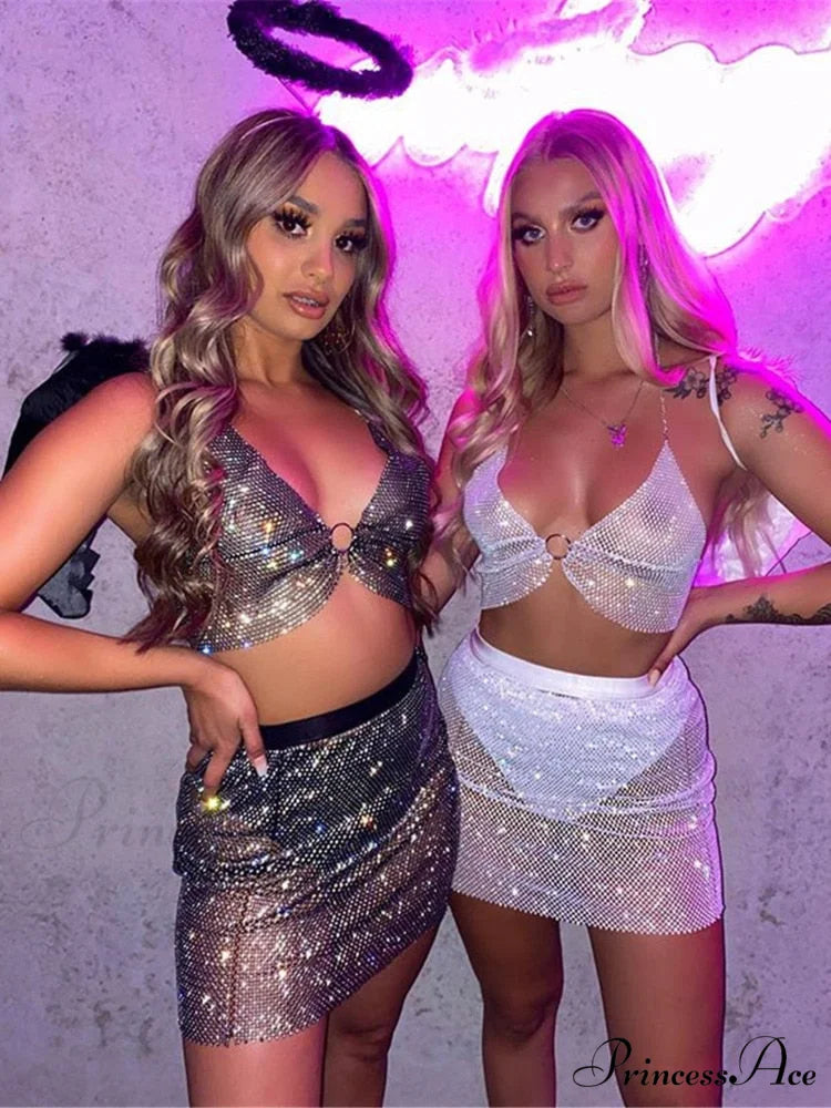 Coastal Club Piece Top Halter Warm-Season Set Festival Two Rhinestones Outfits Crop Tank Top Party Tops