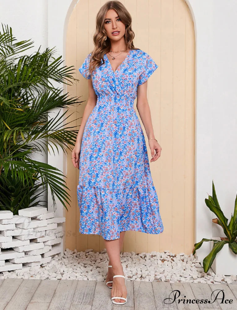 Coastal for Flowered Dresses Gown Chiffon V-Neck Arm Patterned Long Festive Brief Women L / BLUE