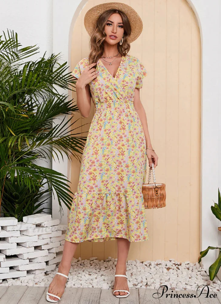 Coastal for Flowered Dresses Gown Chiffon V-Neck Arm Patterned Long Festive Brief Women M / BLUE