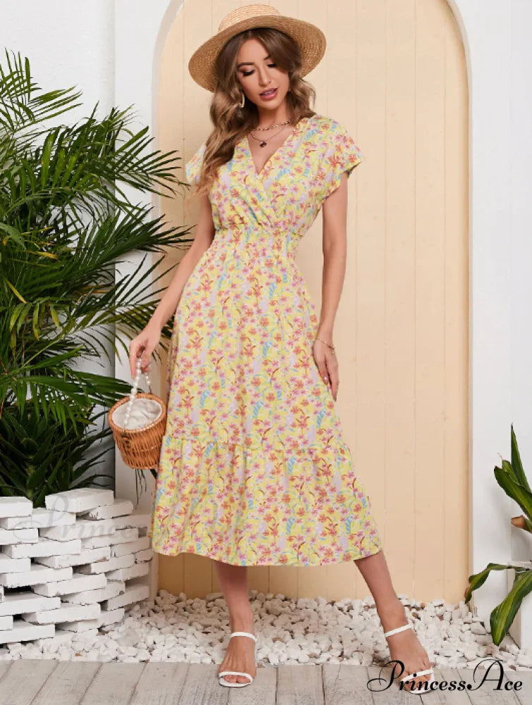 Coastal for Flowered Dresses Gown Chiffon V-Neck Arm Patterned Long Festive Brief Women M / YELLOW