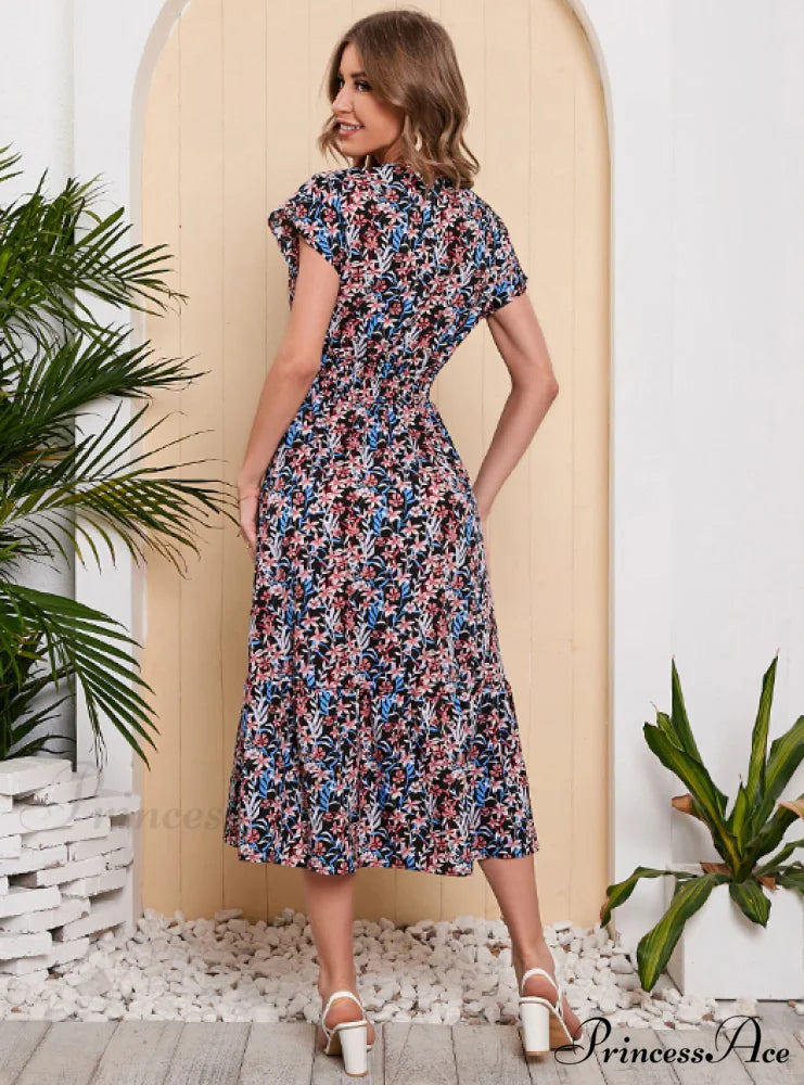 Coastal for Flowered Dresses Gown Chiffon V-Neck Arm Patterned Long Festive Brief Women XL / BLACK