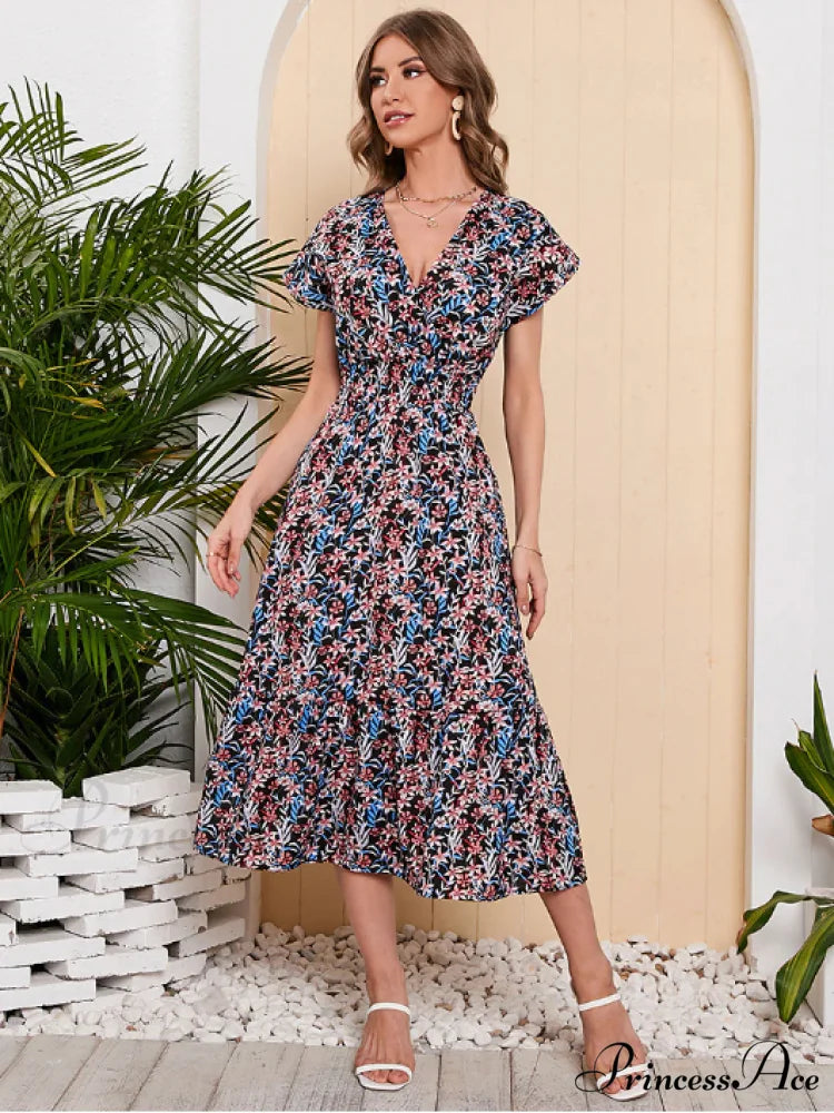 Coastal for Flowered Dresses Gown Chiffon V-Neck Arm Patterned Long Festive Brief Women XL / YELLOW