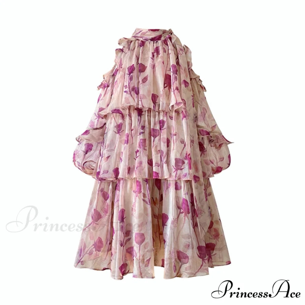 Coastal Gown Mini Long Casual Korean Flowered Arm Brief Elegant Style Party Bohemian Fashion Female Floral dress / S