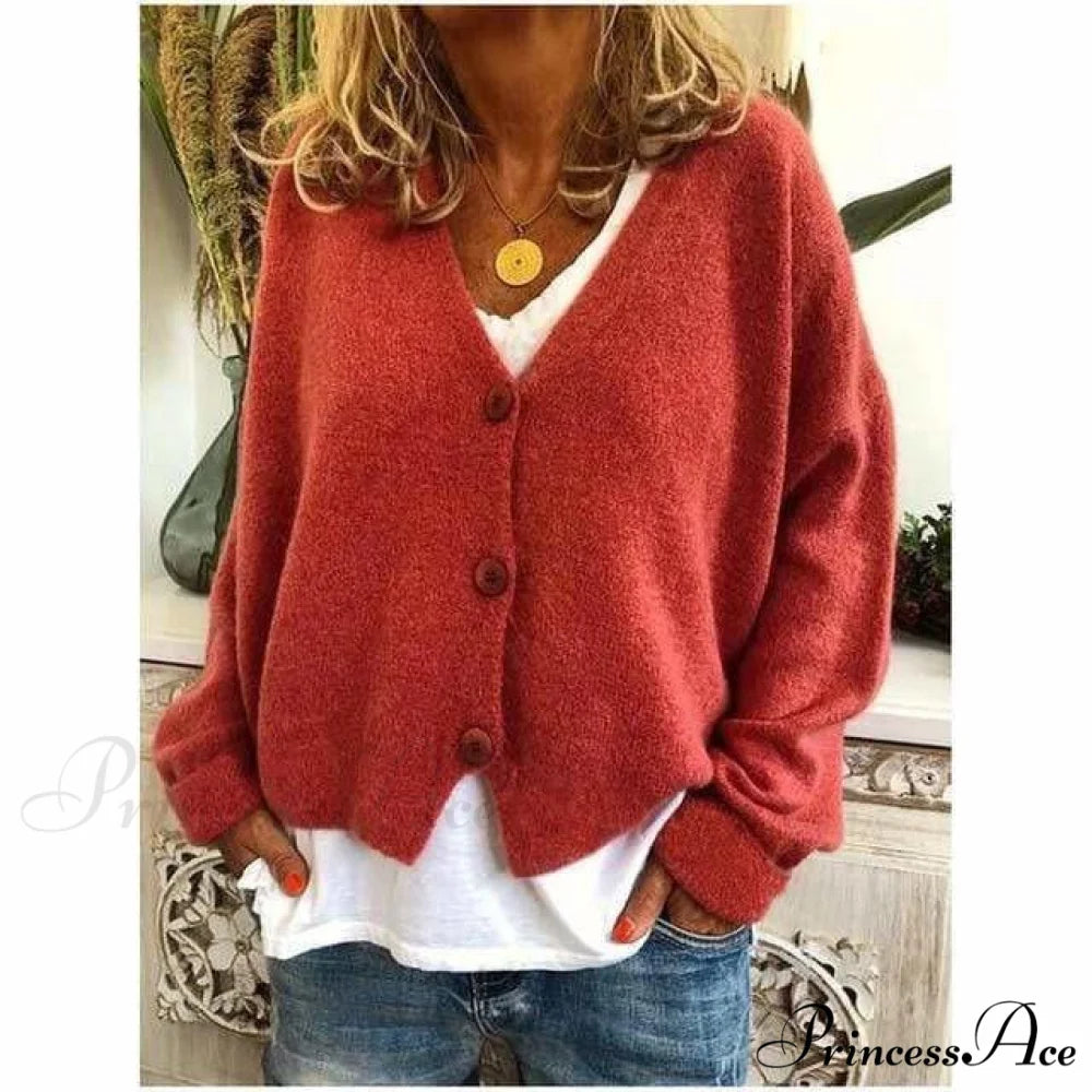 Coat - Casual V-Neck Fashion Orange Red / S