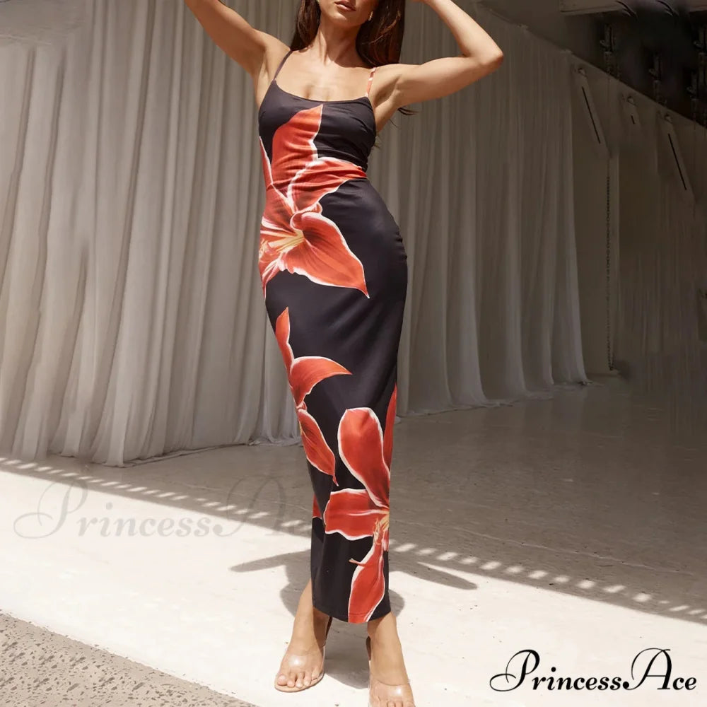 Cocktail Bodycon Flower Print Split Summer Streetwear Flower Dress Black / S floraldress-250126