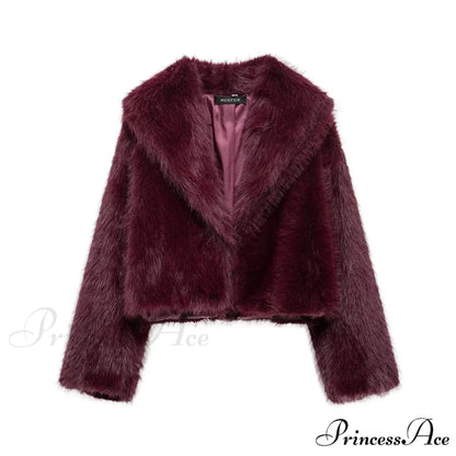 Coffee Fur Lapel Short Coat Deep Red / XS