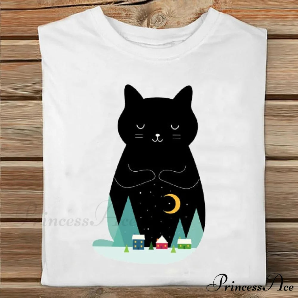 Coffee Love Cartoon Printing Clothes Tshirt black cat / S