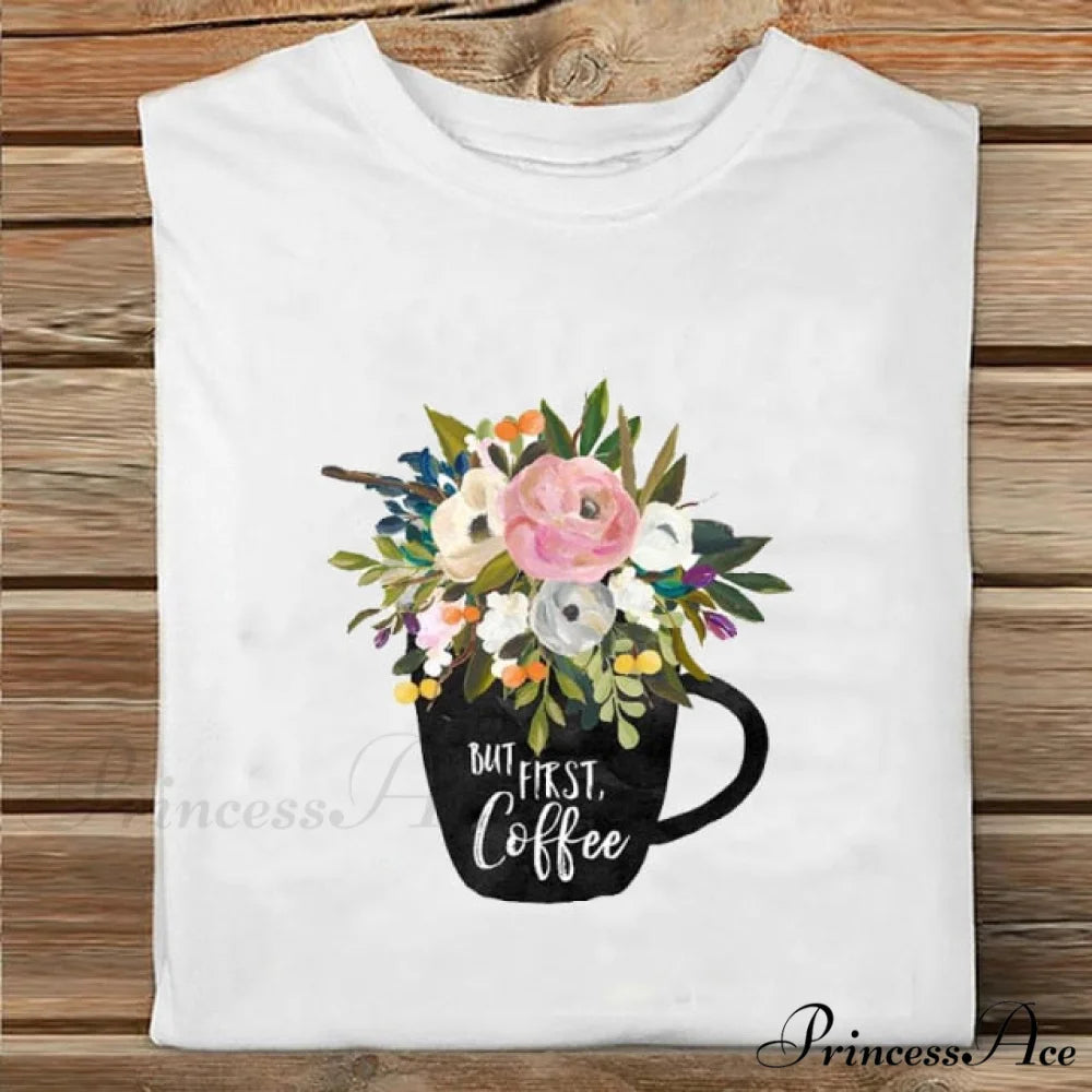 Coffee Love Cartoon Printing Clothes Tshirt flowerrs / S