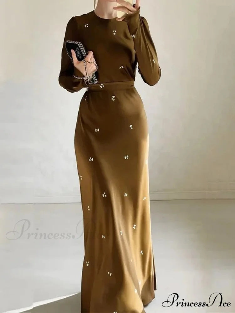 Coffee Print Bodycon Long Sleeve Dress M / Coffee