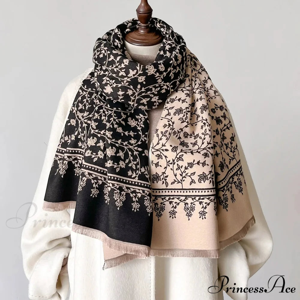 Cold Cashmere Flower Pattern Pashmina Scarf black scarf-241228