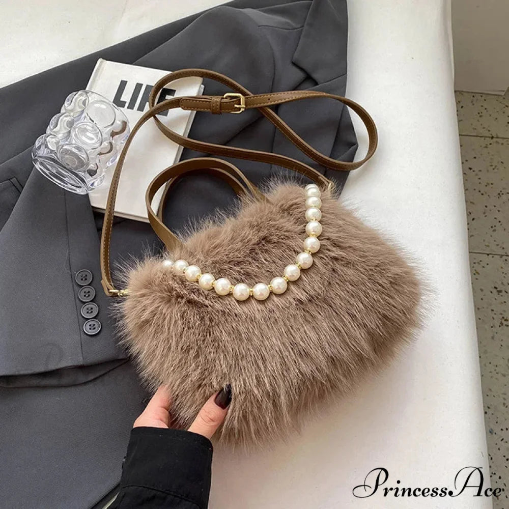 Cold Faux Fur Crossbody Pearl Chain Decor Purse Coffee / 22x17x9cm handbag-250126