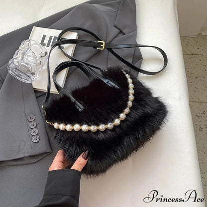Cold Faux Fur Crossbody Pearl Chain Decor Purse handbag-250126