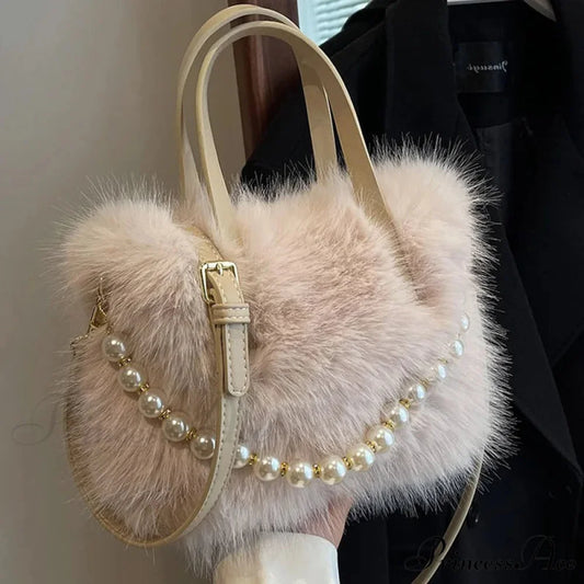 Cold Faux Fur Crossbody Pearl Chain Decor Purse handbag-250126