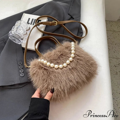 Cold Faux Fur Crossbody Pearl Chain Decor Purse handbag-250126