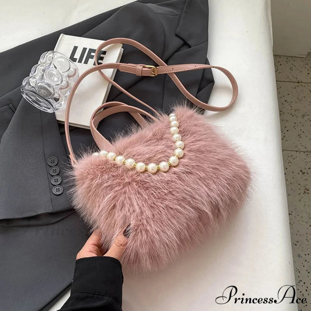 Cold Faux Fur Crossbody Pearl Chain Decor Purse Pink / 22x17x9cm handbag-250126