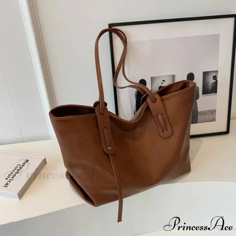 Cold Leather Tote Shoulder Bag for Women Brown shoulder-250126
