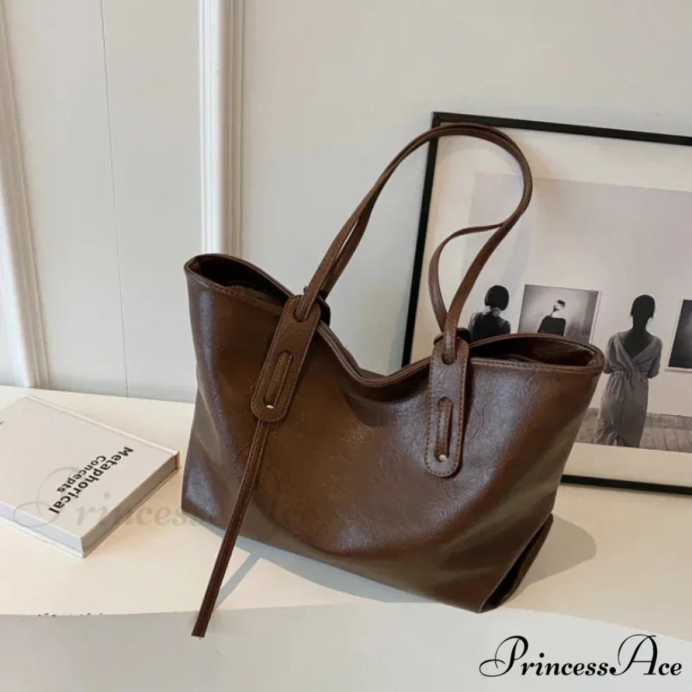 Cold Leather Tote Shoulder Bag for Women Coffee shoulder-250126