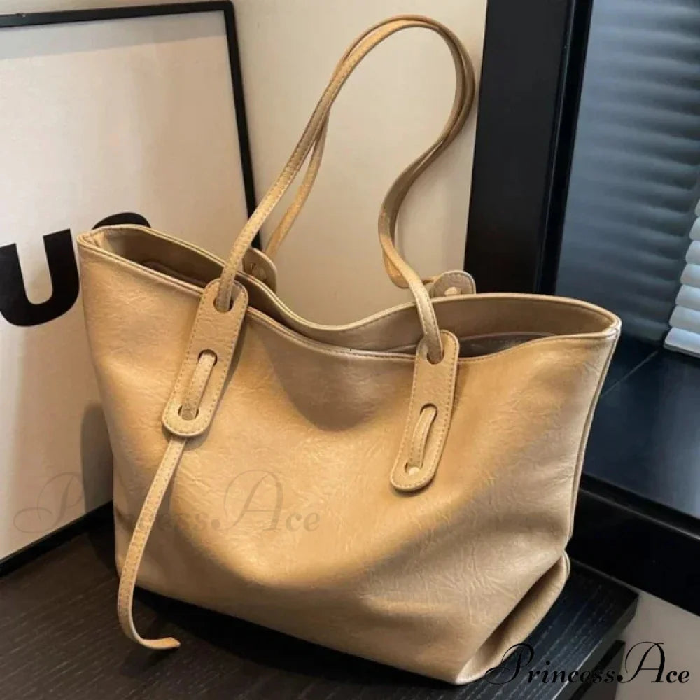 Cold Leather Tote Shoulder Bag for Women Khaki shoulder-250126