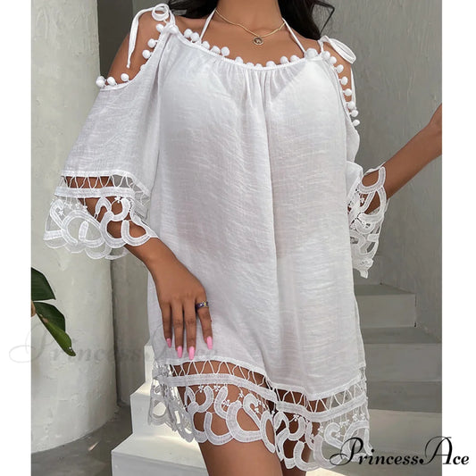Cold Shoulder Beach Mini Sundress with Lace Embellishments