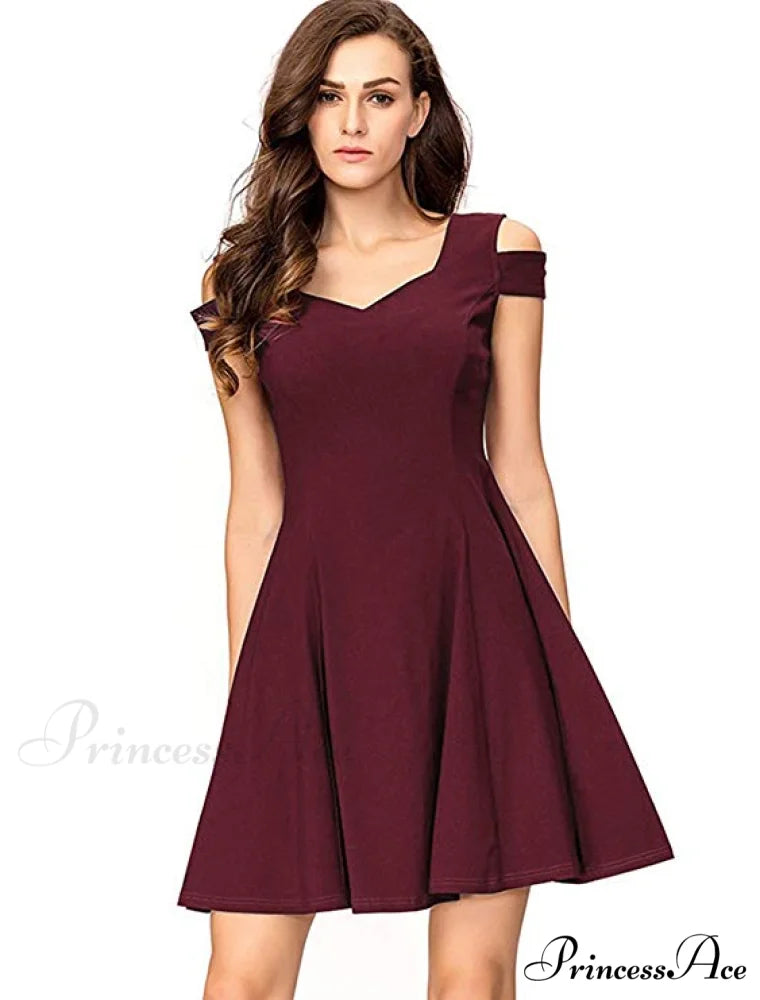 Cold Shoulder Cocktail Party Skater Dress M / Burgundy