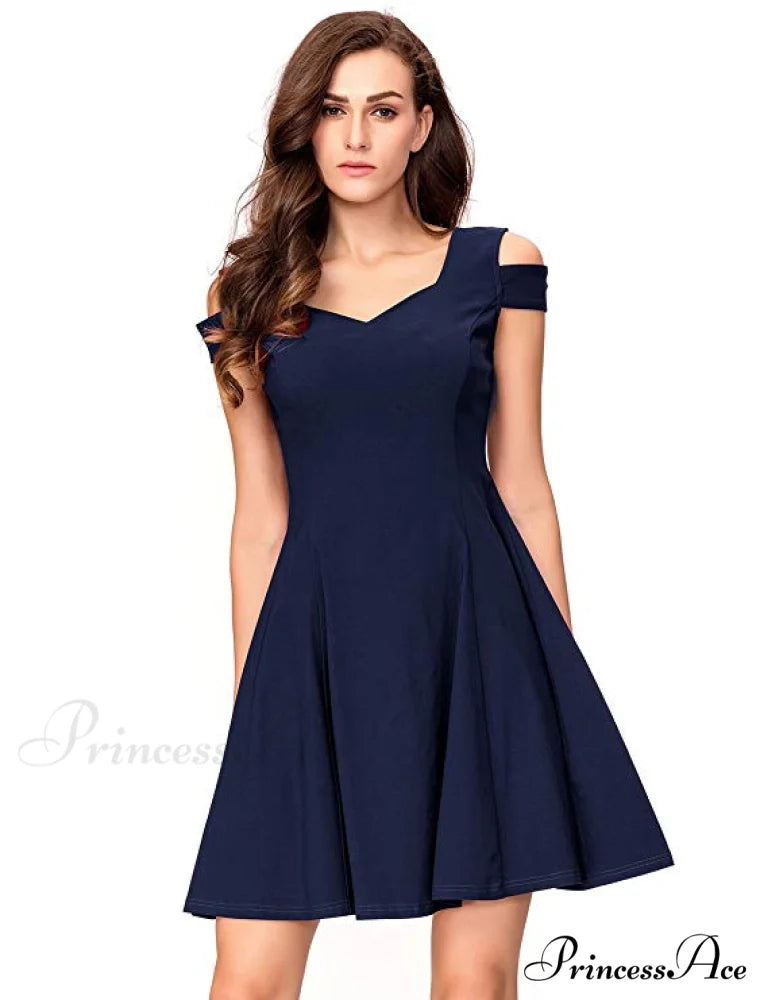 Cold Shoulder Cocktail Party Skater Dress S / Blue