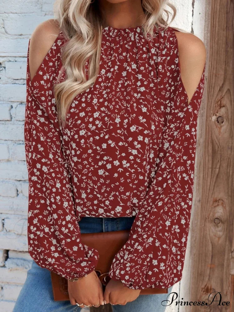 Cold-Shoulder Flowered Blouse Deep Red / S