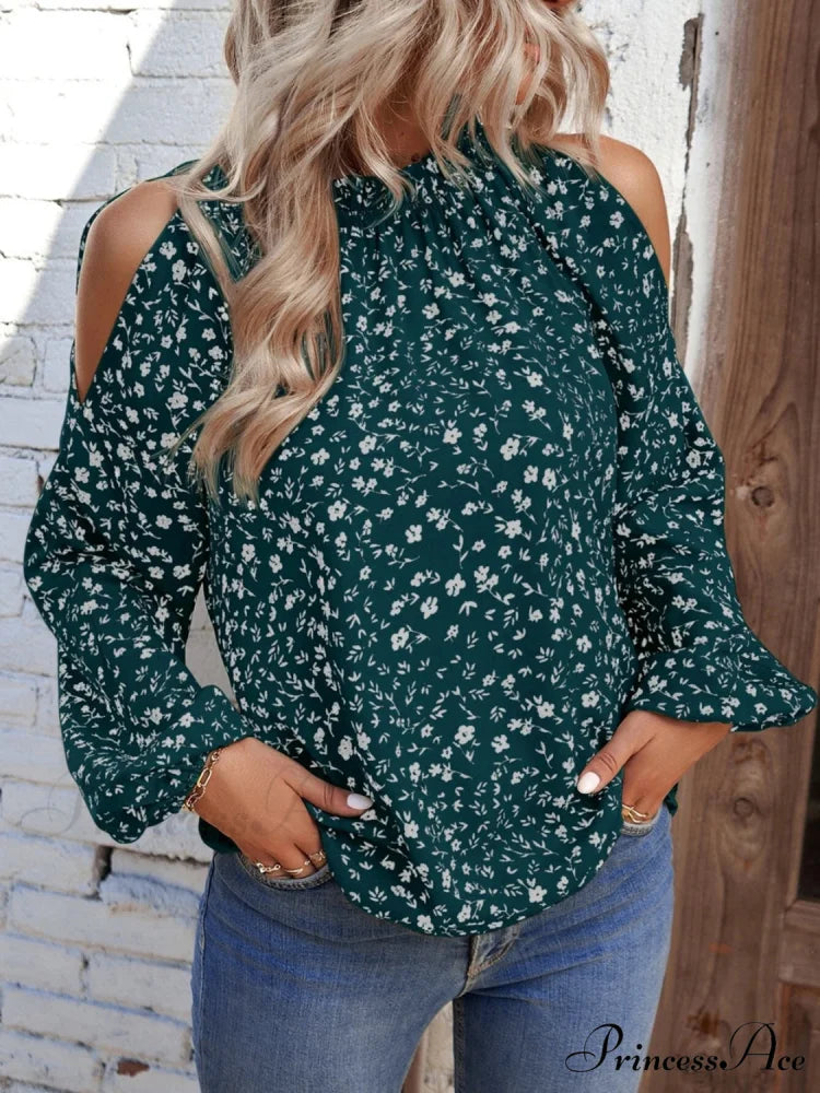 Cold-Shoulder Flowered Blouse Green / S