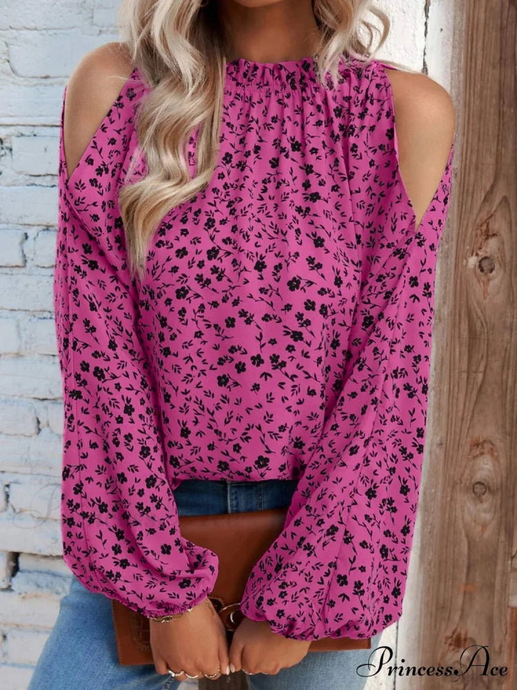 Cold-Shoulder Flowered Blouse Hot Pink / S