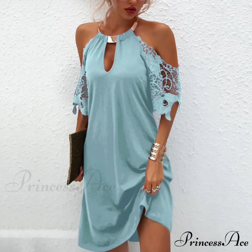 Cold Shoulder Sequin Shoulder Long Ruched Night Club Fashion Solid Women Long Sleeve Vestidos Dress Light Blue / S